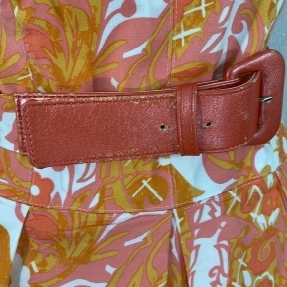 Kay Unger orange pink white paisley print belted sleeveless flare dress T28 - Picture 5 of 13